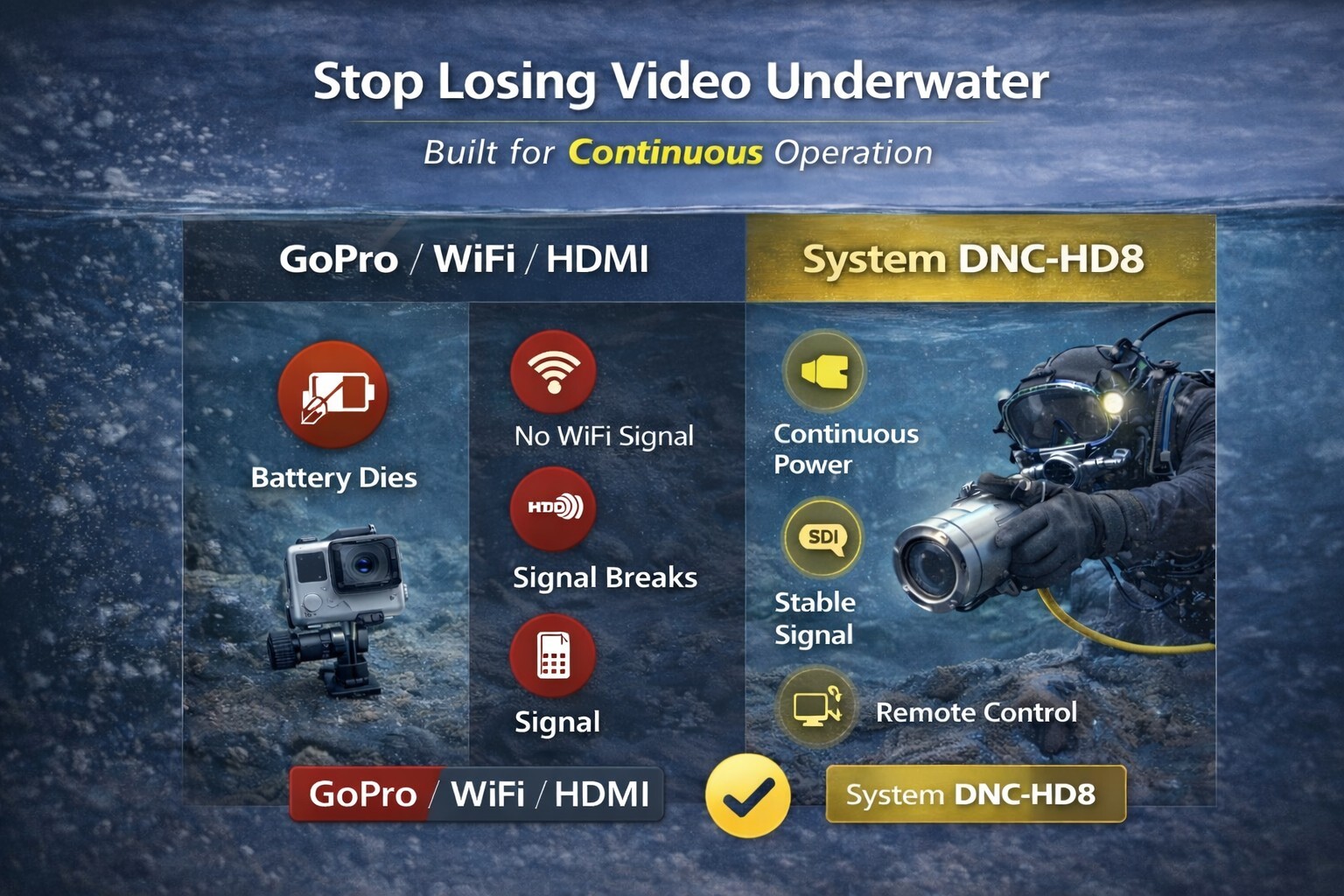 GoPro vs underwater camera system comparison showing battery limits unstable signal and lack of control versus professional SDI system with continuous power and stable video.