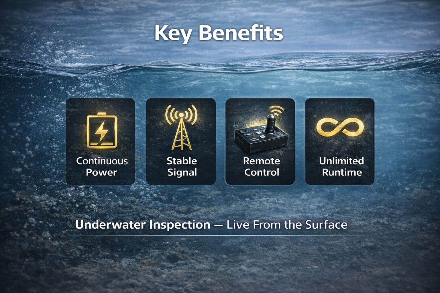 Single cable underwater camera system diagram showing power video and control from camera to surface monitor up to 100m.